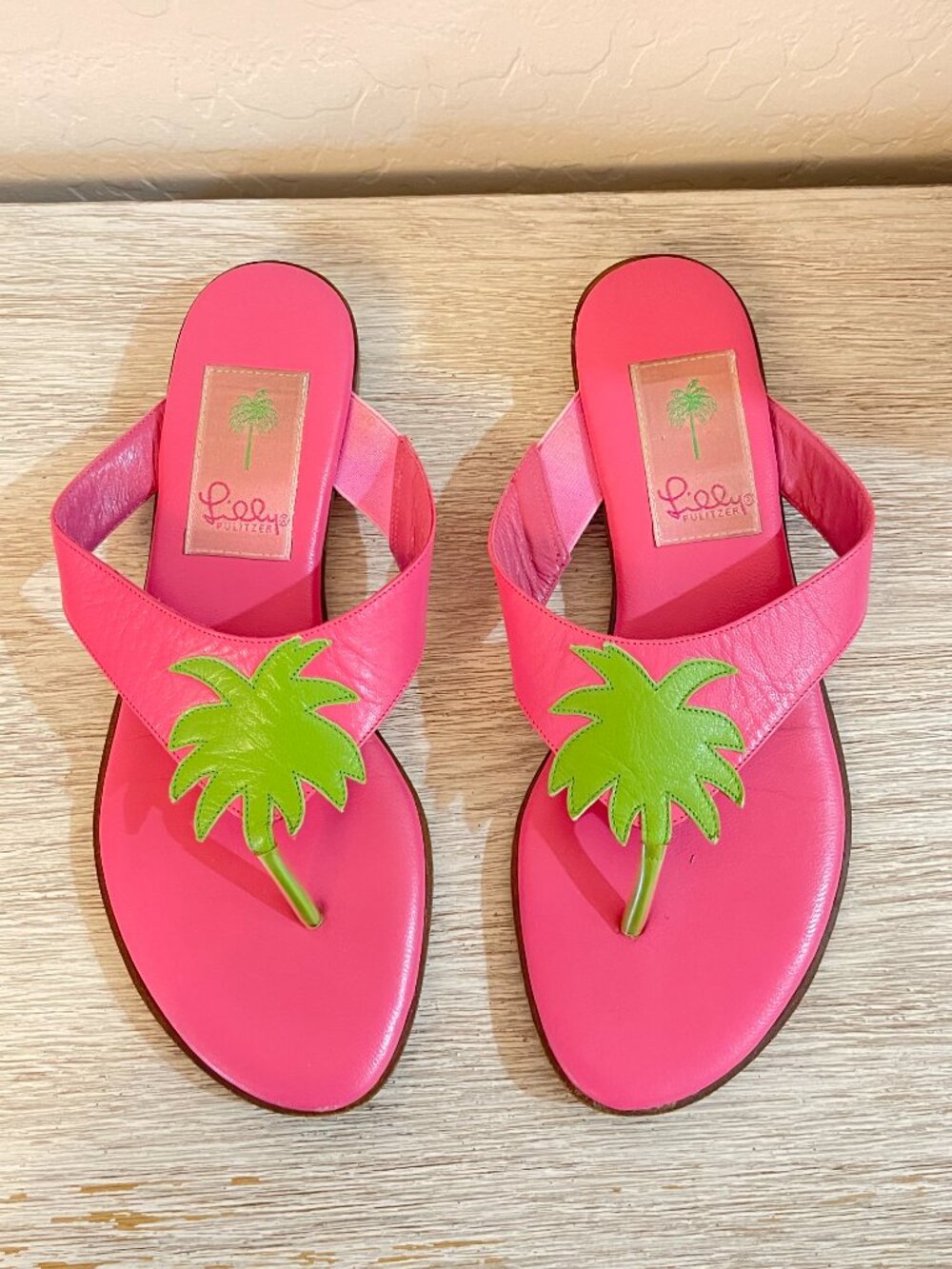 Lilly Pulitzer Sandals Palm Tree Pink Green Leather Size 6